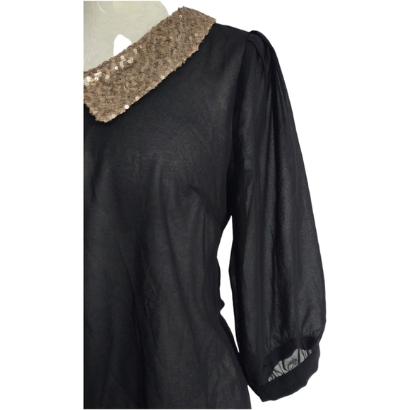 BKE Red Sheer Black Blouse Gold Sequin Collar Button Back Drop Tail Size  Small - Picture 7 of 12